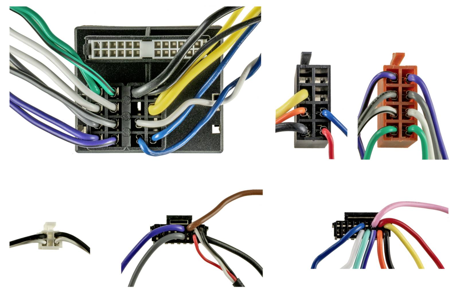 Collage showing several electrical wire connectors and terminal blocks with colored wires inserted in different configurations.
