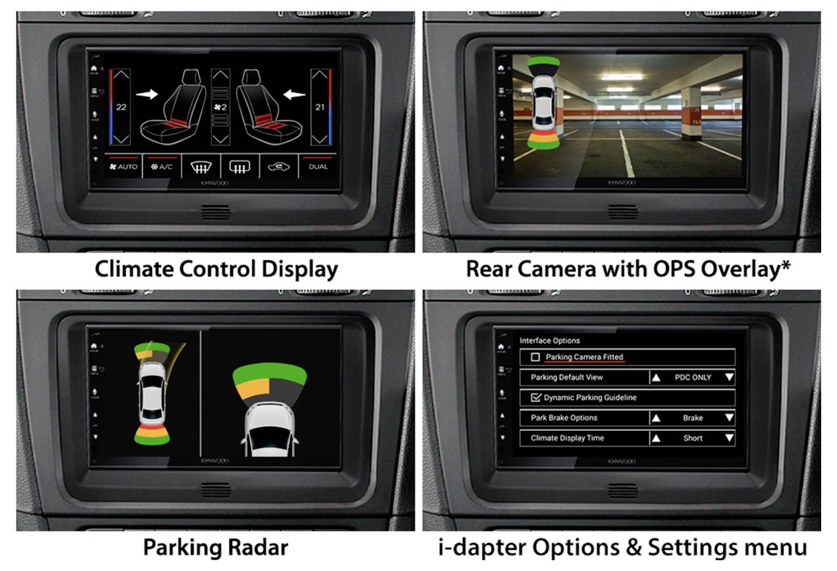 Four car infotainment display examples: climate control, rear camera with parking overlay, parking radar, and i-adapter options/settings menu.
