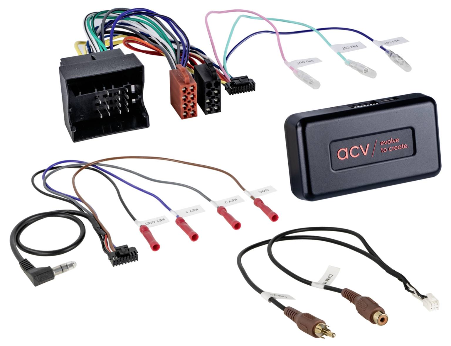 Car audio wiring harness and adapter kit with labeled cables, connectors, and an ACV interface module.