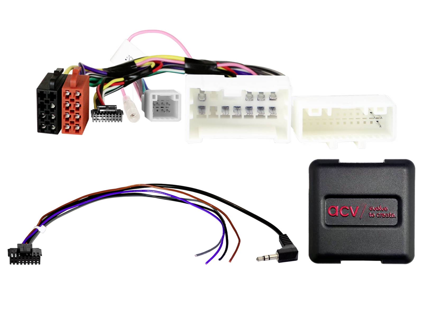 Automotive wiring harness kit with multiple connectors, loose wire leads, and a black dCV audio control box.