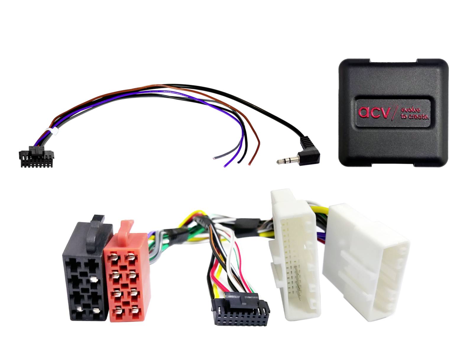 Car stereo wiring adapter kit with cable harnesses, connectors, and a small ACV interface module on a white background.