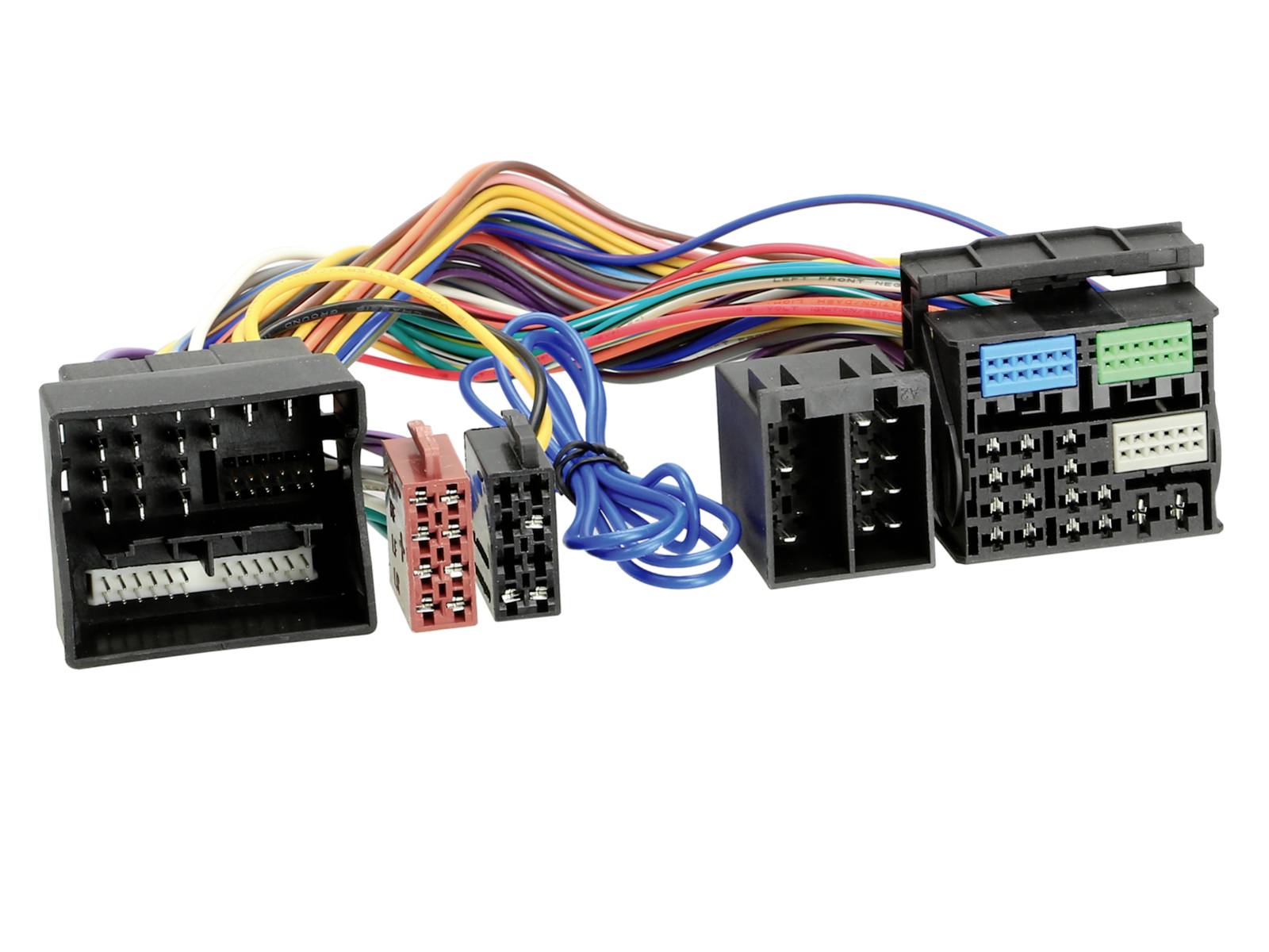 Multicolored wiring harness with several automotive-style electrical connectors and adapter plugs on a white background.