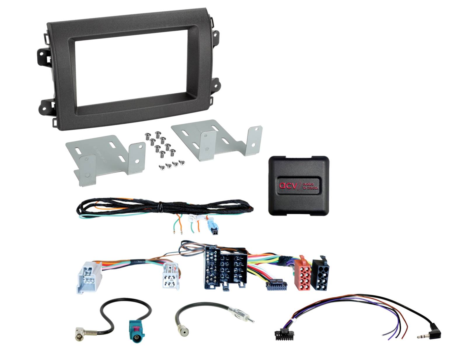 Car stereo installation kit with black dashboard trim, mounting brackets, wiring harnesses, connectors, screws, and a small interface module on a white background.