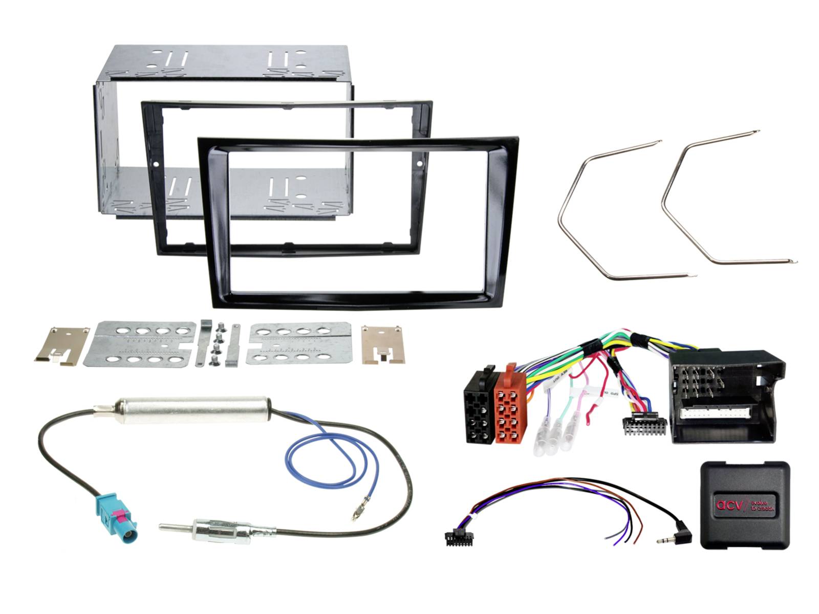 Car stereo installation kit with metal mounting brackets, wire harnesses, antenna adapter, and trim panel for dashboard radio fitment.