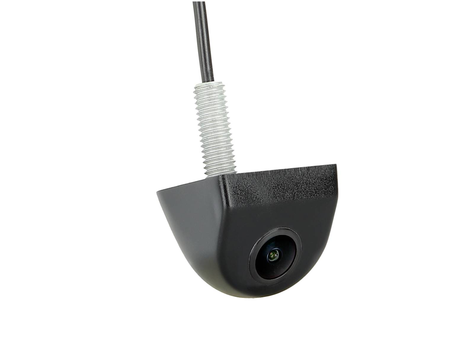 Close-up of a small black rearview or backup camera mounted on a cable, shown against a white background.