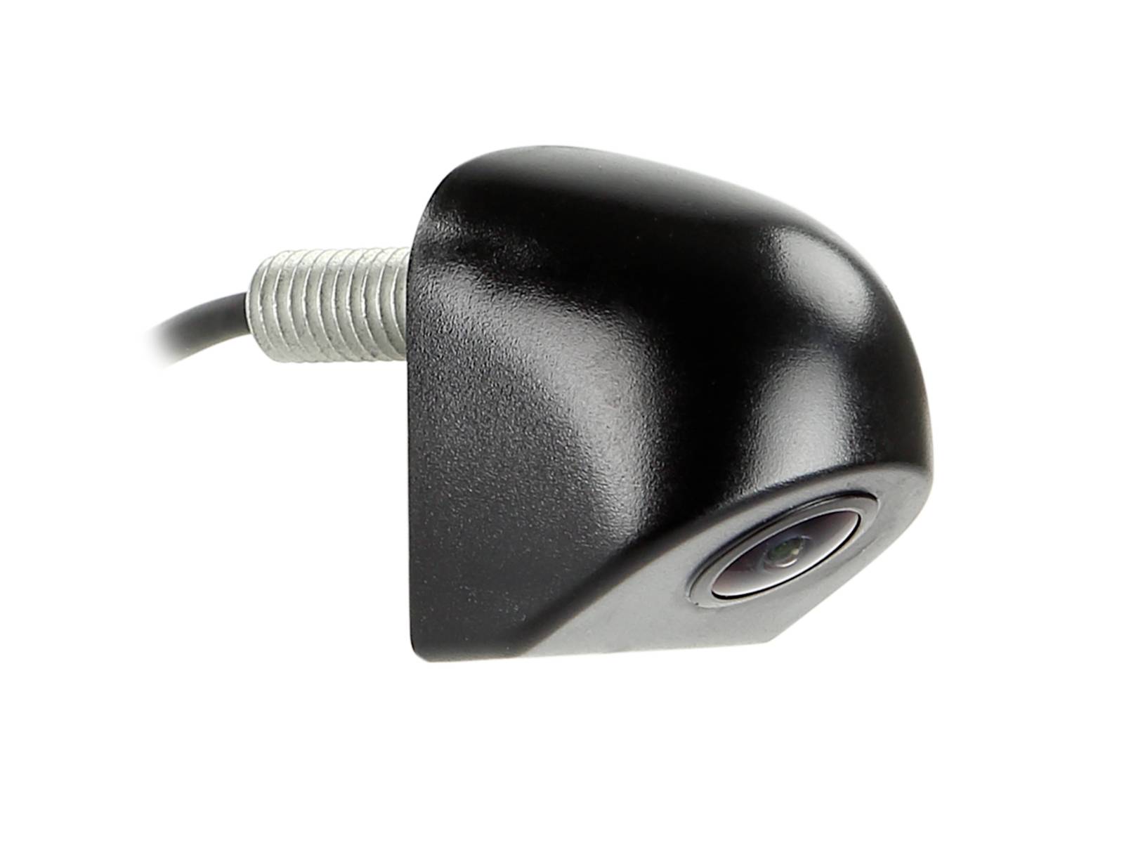 Close-up of a black vehicle rearview backup camera with a cable attached, shown on a white background.