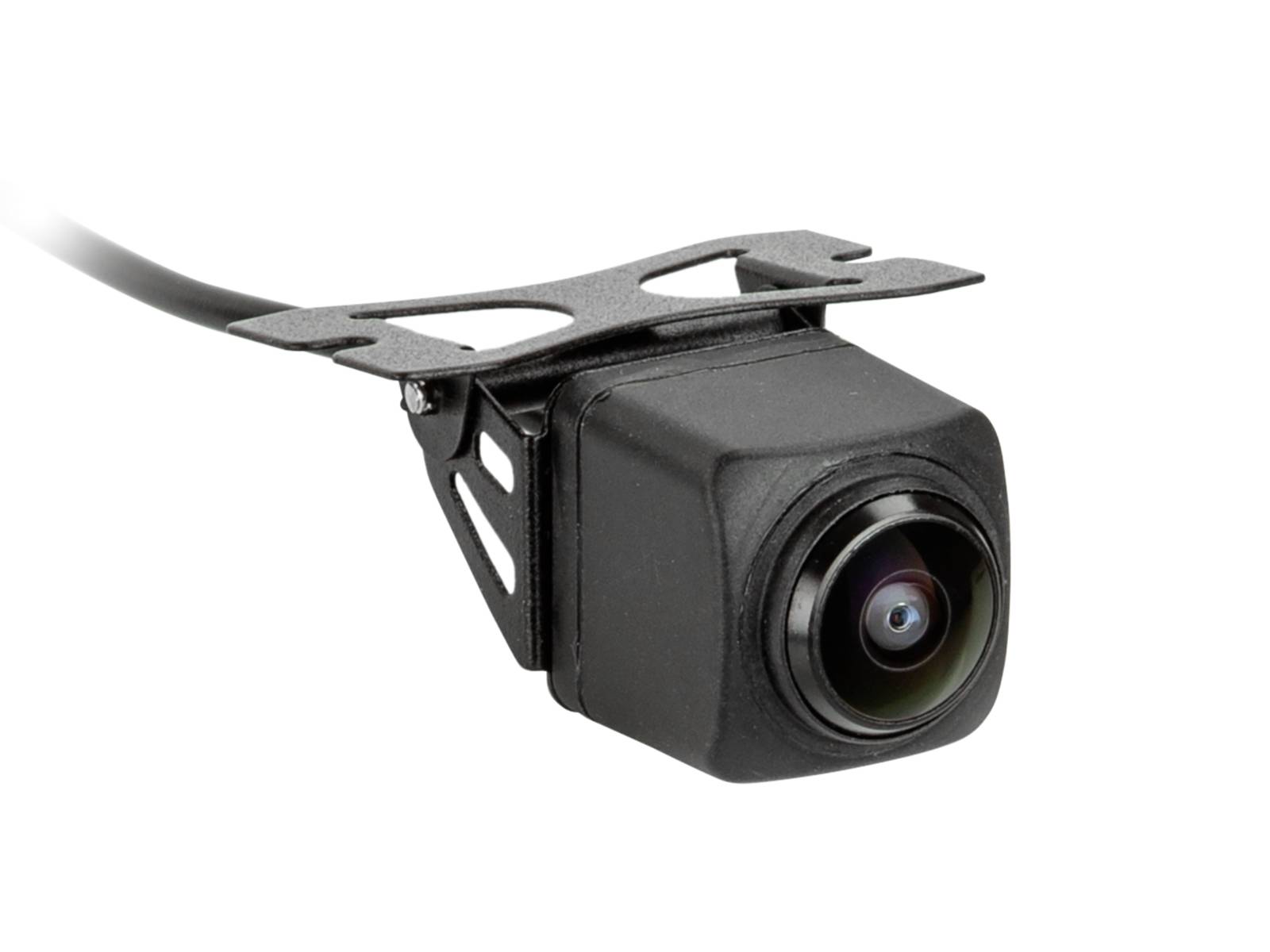 Compact black rearview camera with mounting bracket and attached cable, shown on a white background.