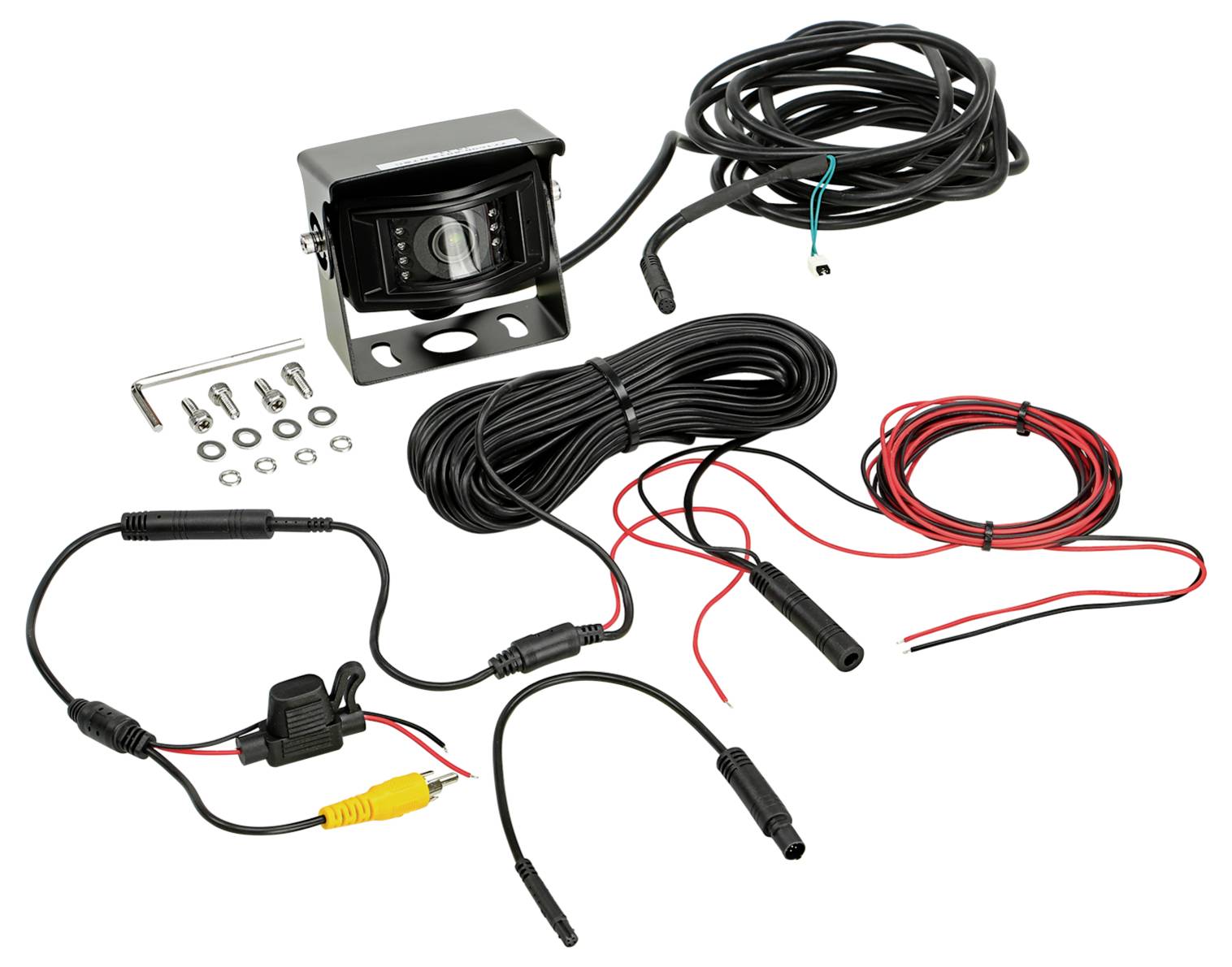 Vehicle rear-view camera kit with camera, cables, wiring harness, connectors, and mounting hardware laid out on a white background.