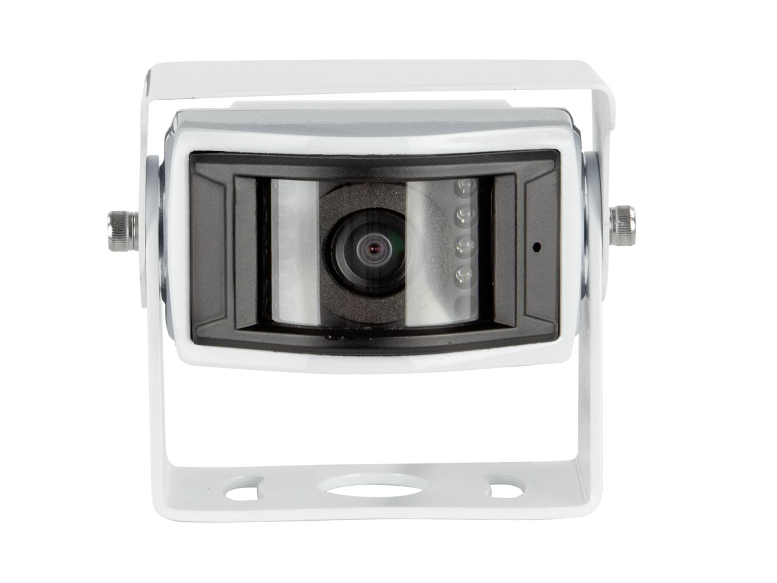 Front view of a white security camera with a protective hood and central lens.