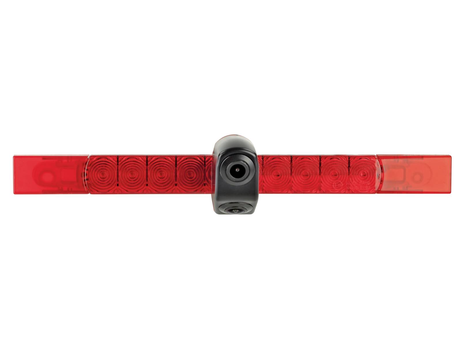 Red rear bicycle light with a centered black camera unit on a white background.