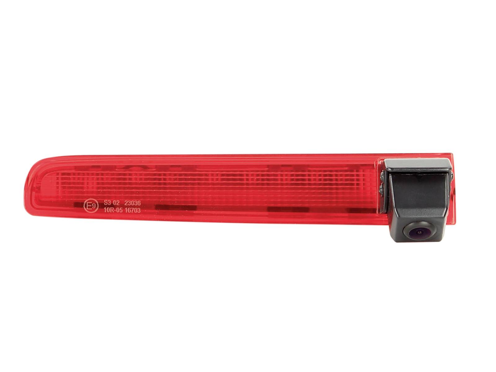 Red rear vehicle light bar with integrated reversing camera on the right side, shown on a white background.