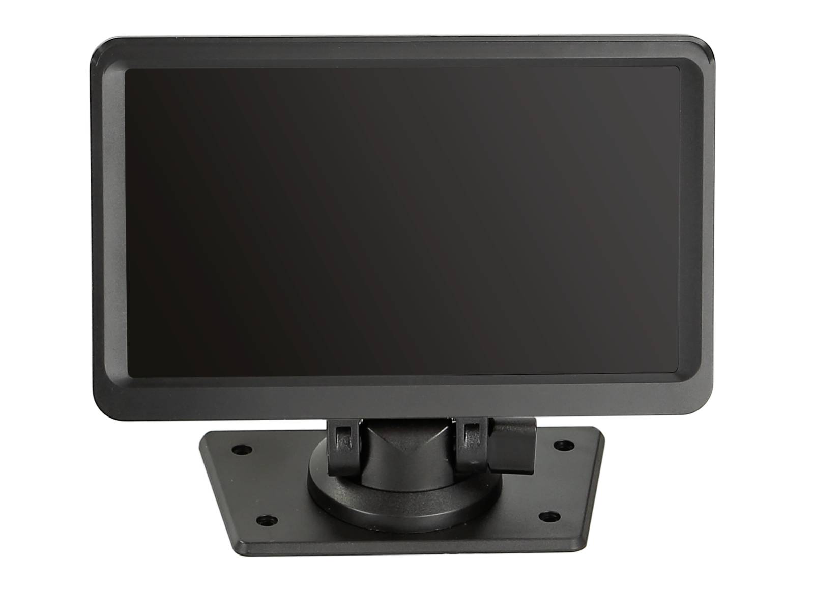 Black rectangular monitor or display screen mounted on a swivel base with a flat bracket stand, isolated on white background.