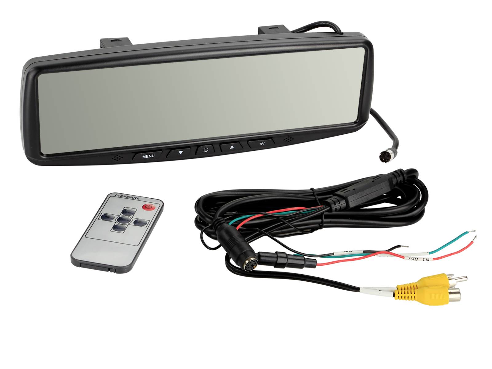 Rearview mirror monitor kit with remote control, wiring harness, and RCA/video cables for vehicle camera display.