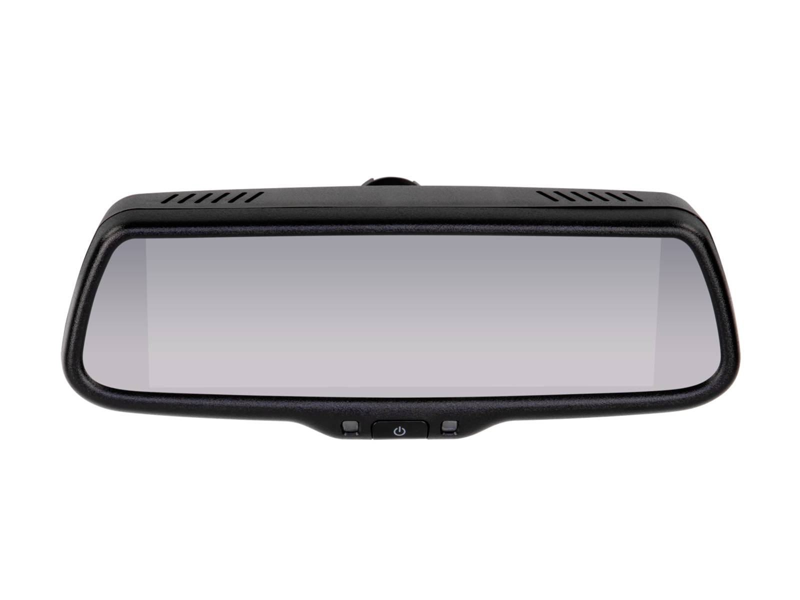 Rearview mirror with integrated display and small control buttons, shown front-facing on a white background.