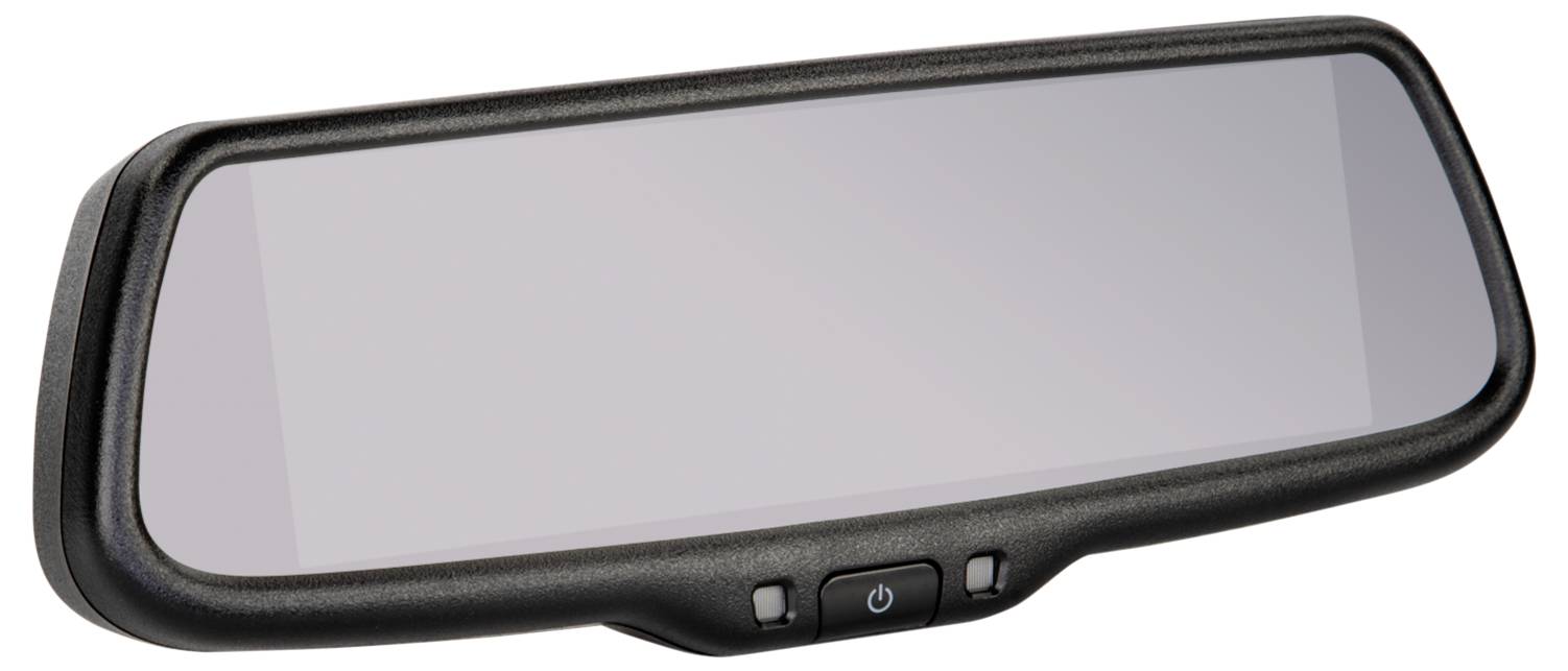 Black-framed rearview mirror with a blank reflective surface and small buttons along the bottom edge.