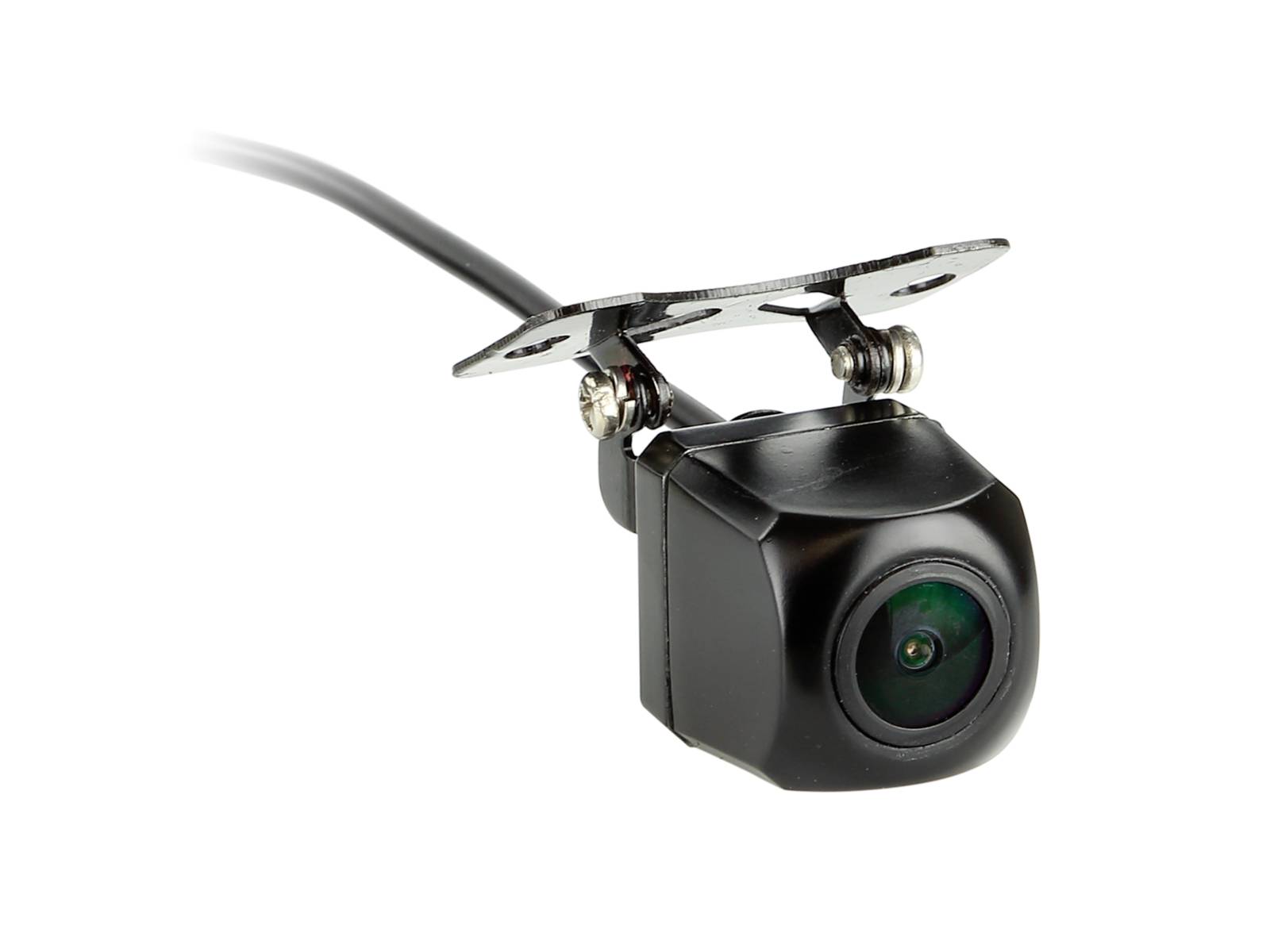 Small black rearview backup camera with mounting bracket and cable on a white background.