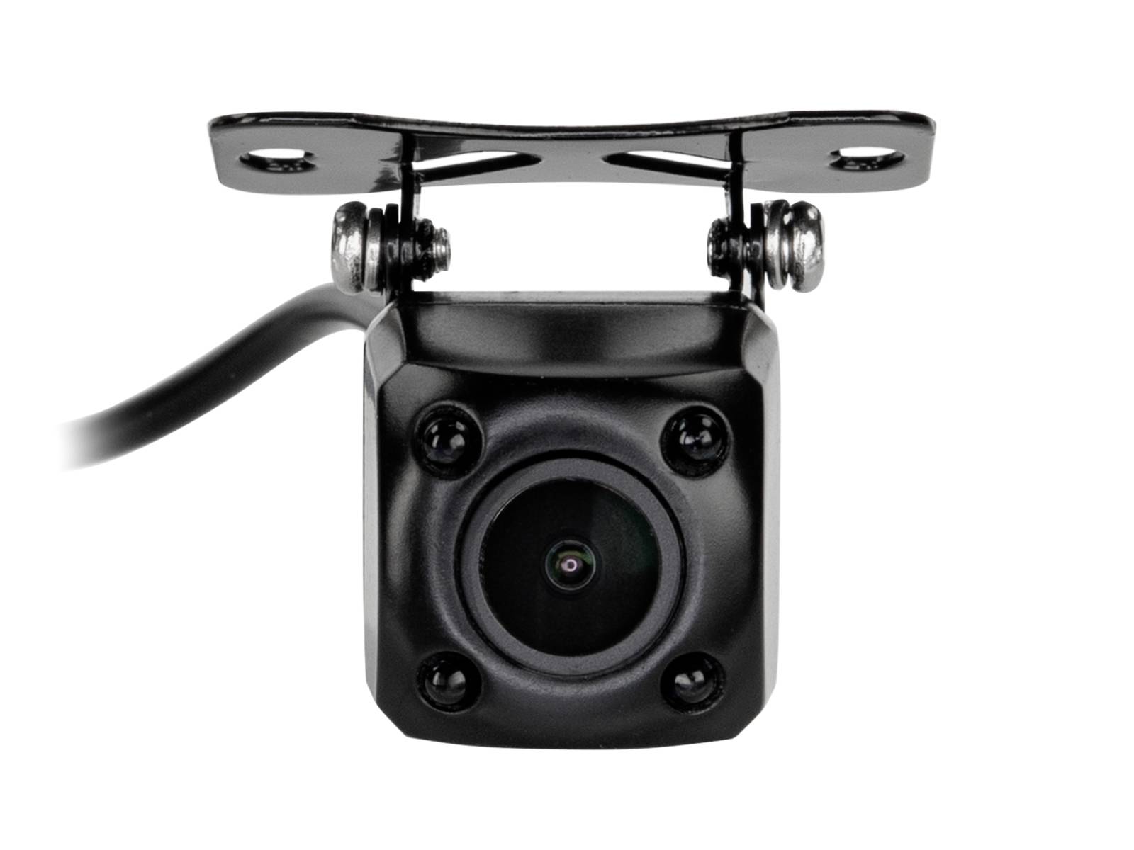 Black rearview camera mounted on a metal bracket with attached cable, shown front-facing on a white background.