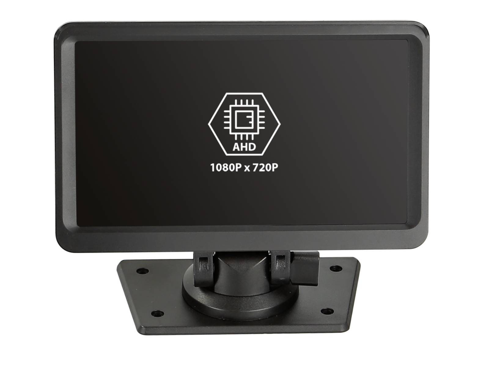 Black AHD monitor display showing '1080P x 720P' on a mounting stand.