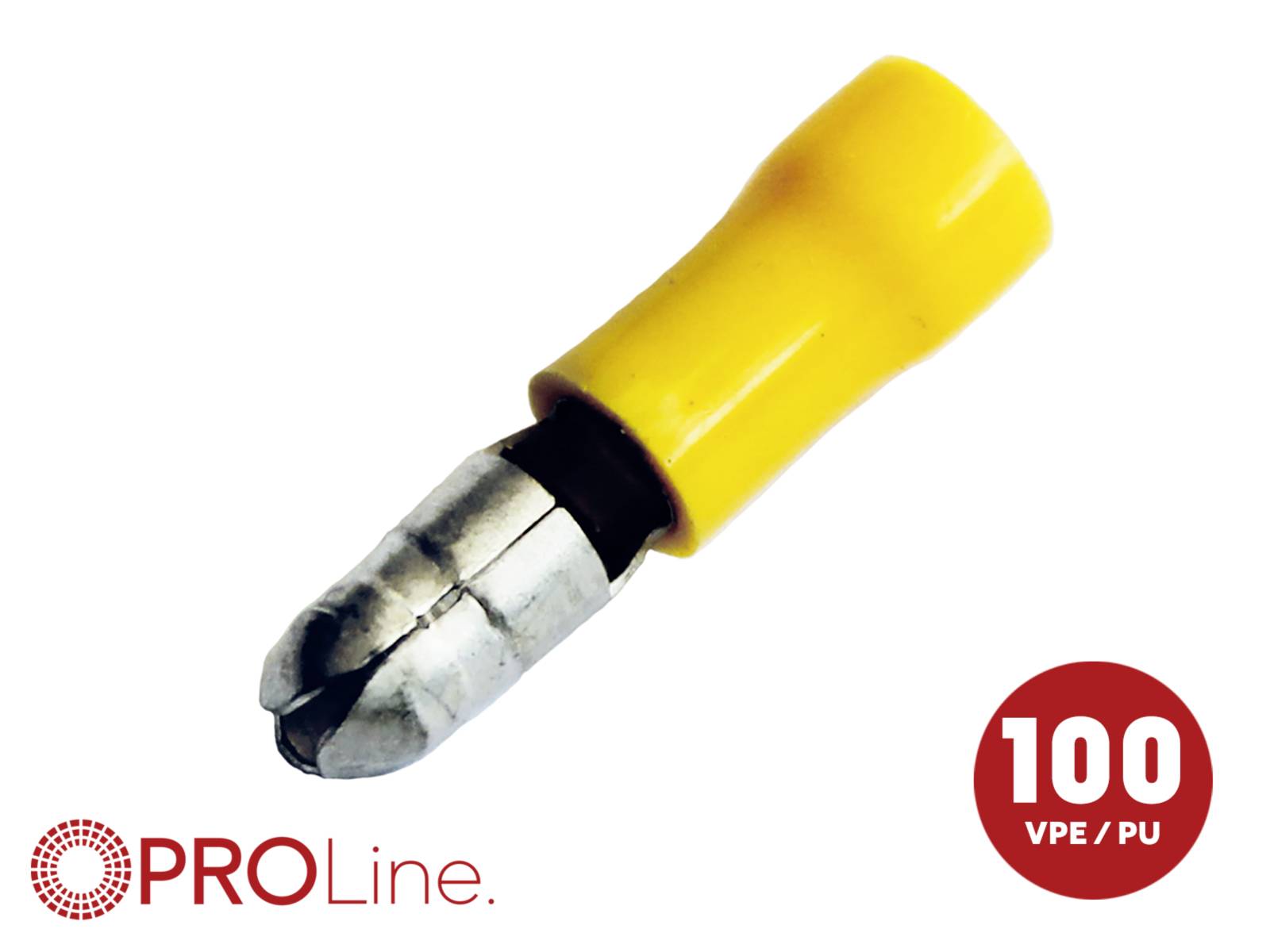 Yellow insulated wire ferrule connector with silver metal tip; ProLine logo and '100 VPE / PU' quantity badge.