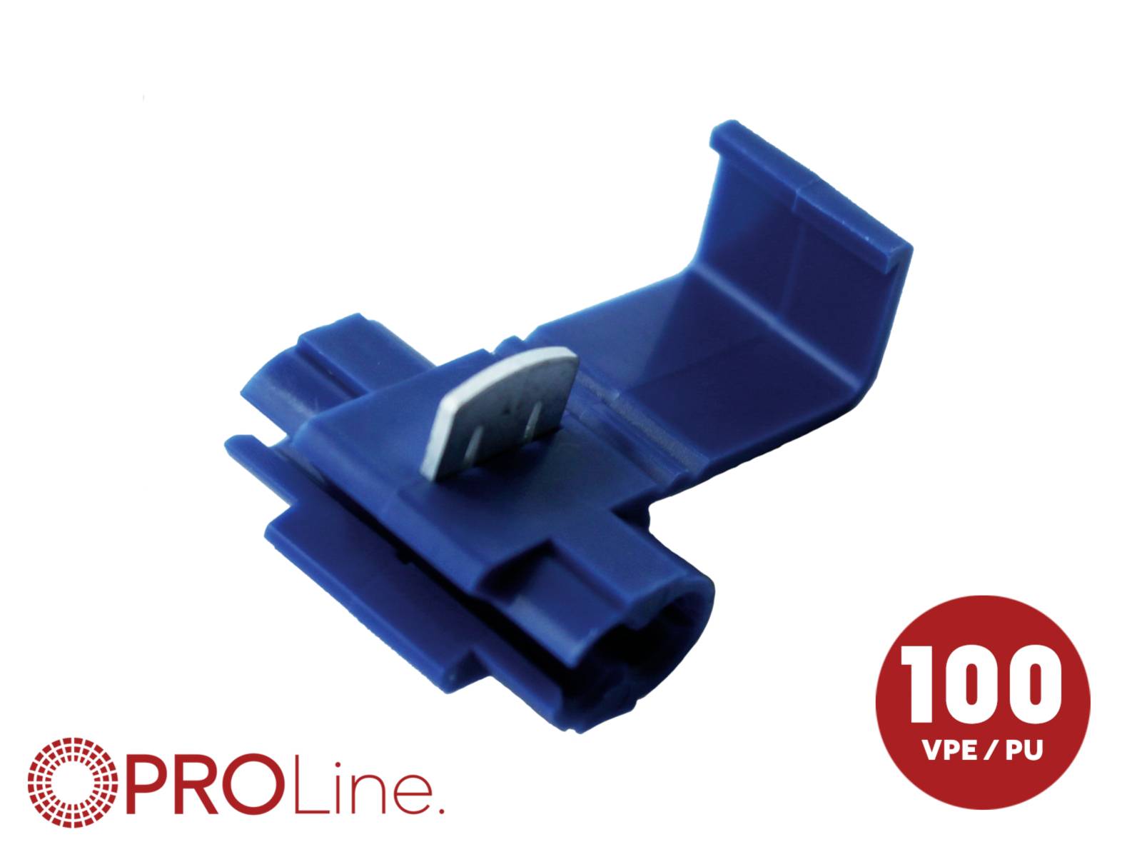 Blue ProLine cable clip or connector labeled '100 VPE / PU', shown with the PROLine logo on a white background.