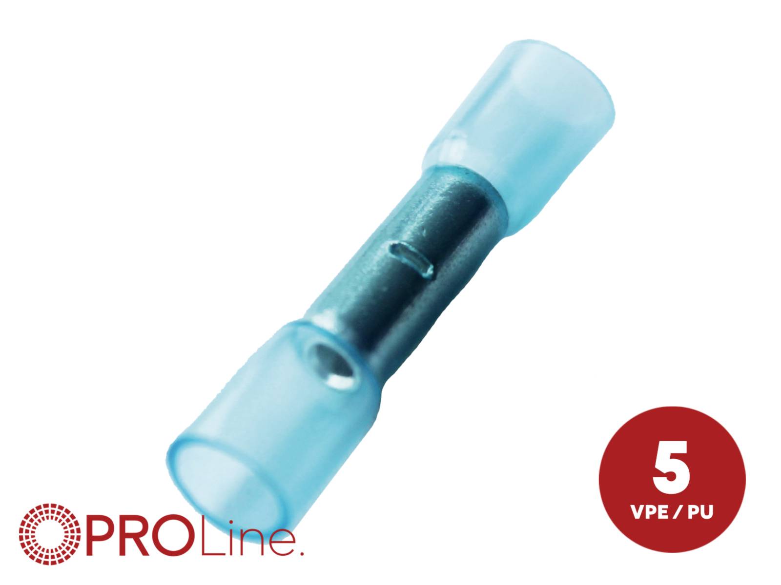 Turquoise insulated crimp splice connector with 'PROLine' logo and a red label showing '5 VPE / PU'.