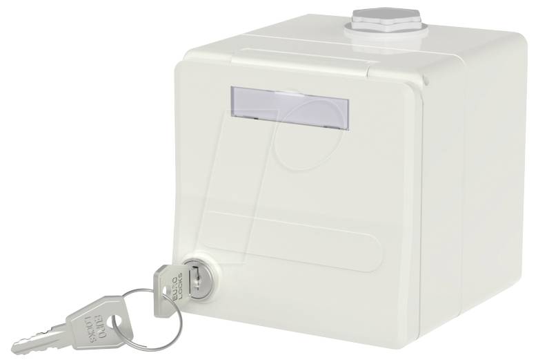 A white lockable wall-mounted box with a slot on top and two keys inserted in the lock, suggesting secure storage for mail or small items.