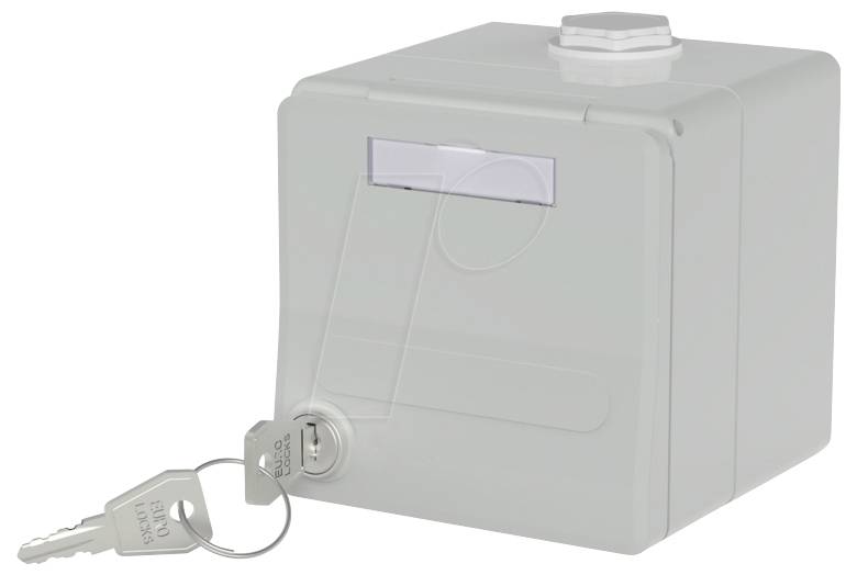 A light gray electrical box with a keyhole, containing a pair of keys inserted into the lock.