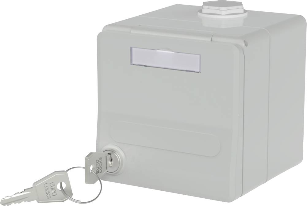 A gray electrical junction box with a lock, featuring two inserted keys, used for securing access to electrical connections.