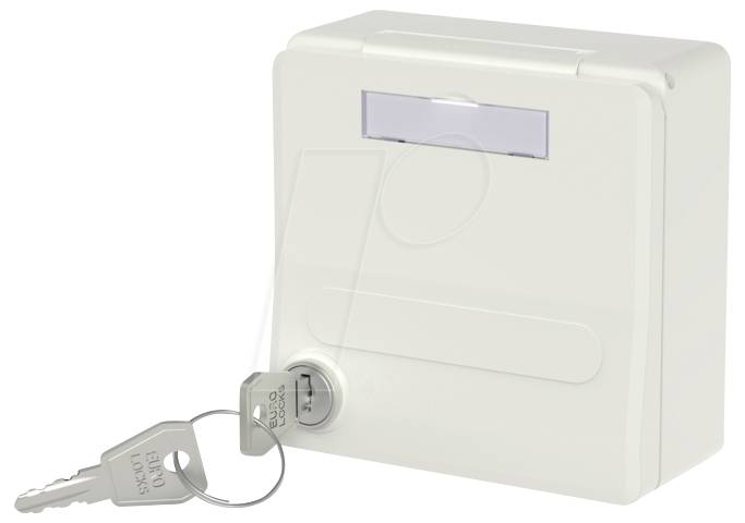 A small white lockable box with a key inserted in the lock, accompanied by a spare key on a keyring.