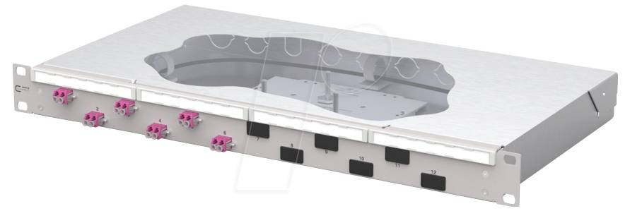 A rack-mounted rectangular metal panel with fiber optic connectors and cable management slots, used in network infrastructure.