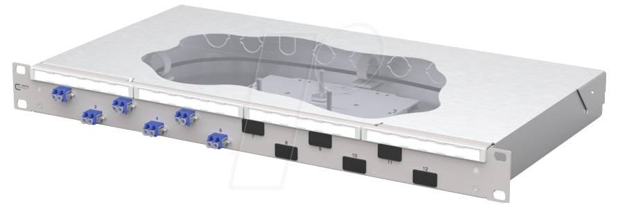 A silver fiber optic splice tray with blue and black ports, used for organizing and managing fiber optic cables in networking equipment.