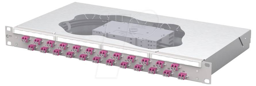 A fiber optic patch panel with multiple pink connectors and a transparent cover on a metal casing. Used for network cabling organization.