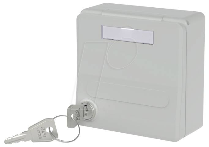 A small, lockable gray wall-mounted box with two keys attached to a key ring, designed for securely storing items.