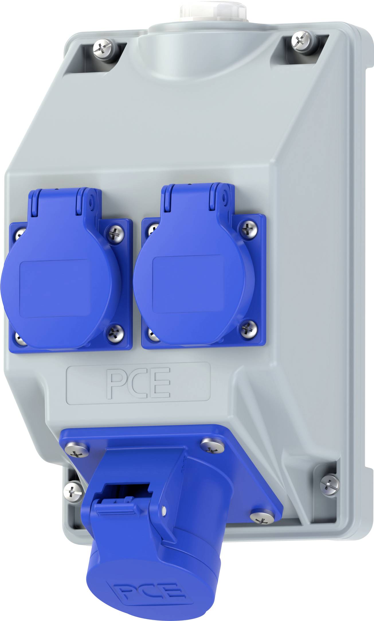 Image of a PCE industrial electrical outlet with two blue socket covers and one plug at the bottom. The outlet base is gray.
