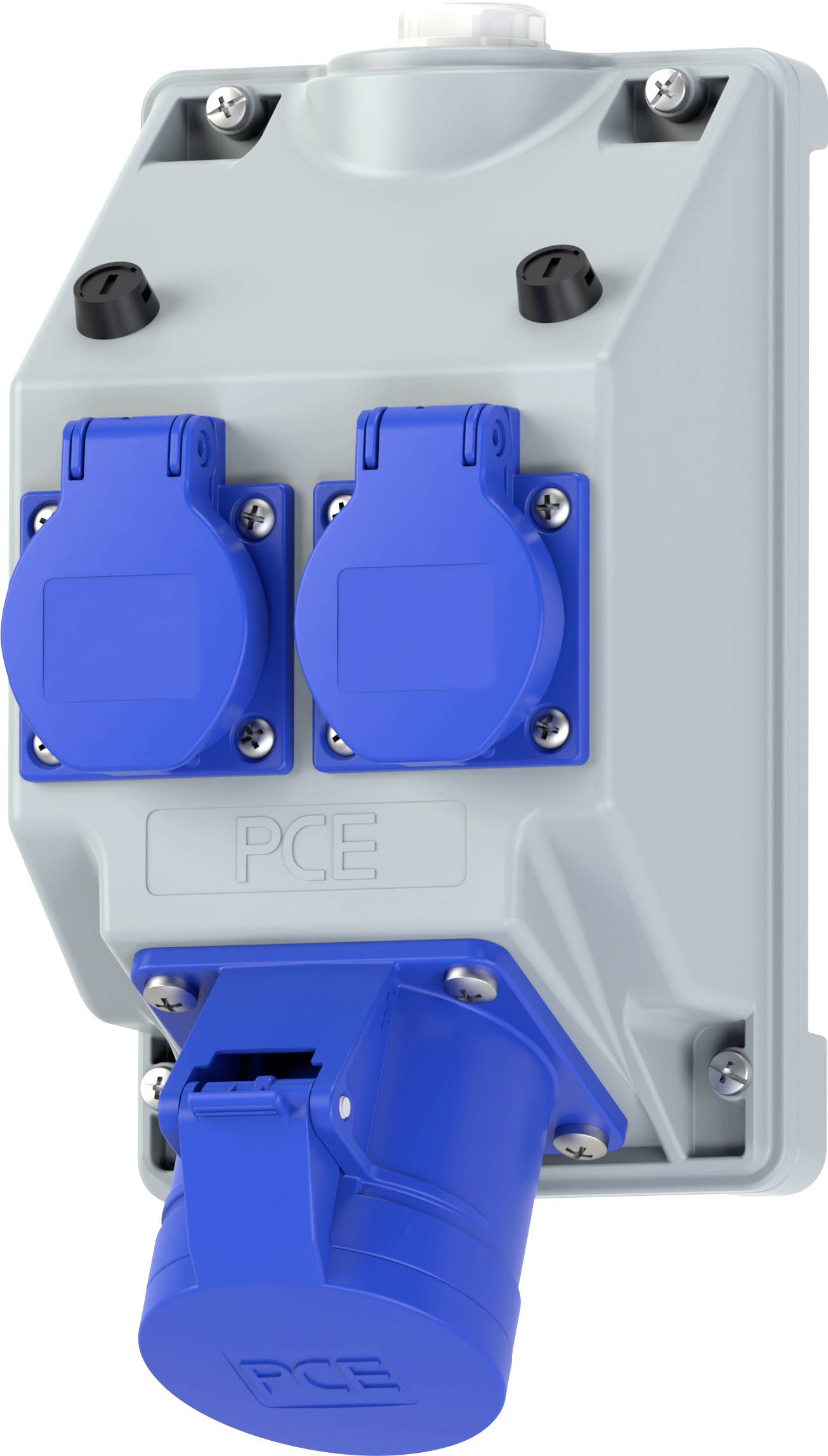 A gray electrical outlet box with three blue sockets and the label PCE, used for industrial power connections.