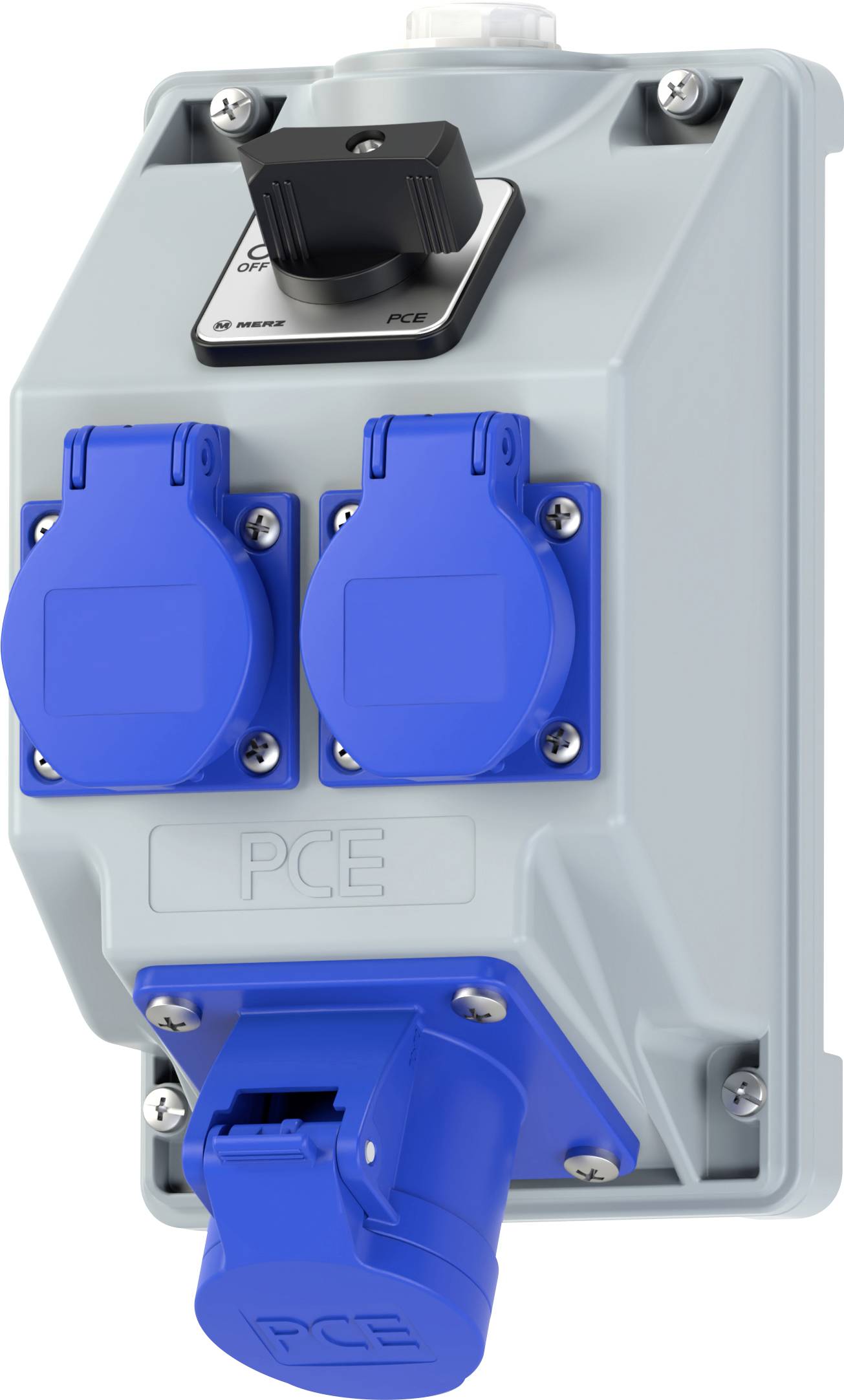 Electrical power distribution box with a switch and three blue socket outlets labeled PCE, used for connecting multiple devices.