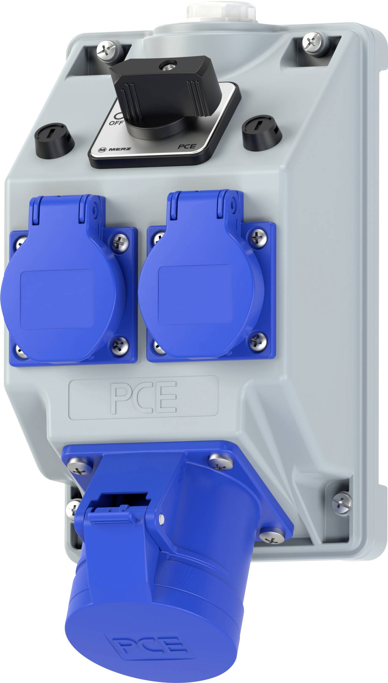 Industrial-grade power outlet panel with two blue sockets and one blue plug, mounted on a grey base. Designed for heavy-duty electrical use.