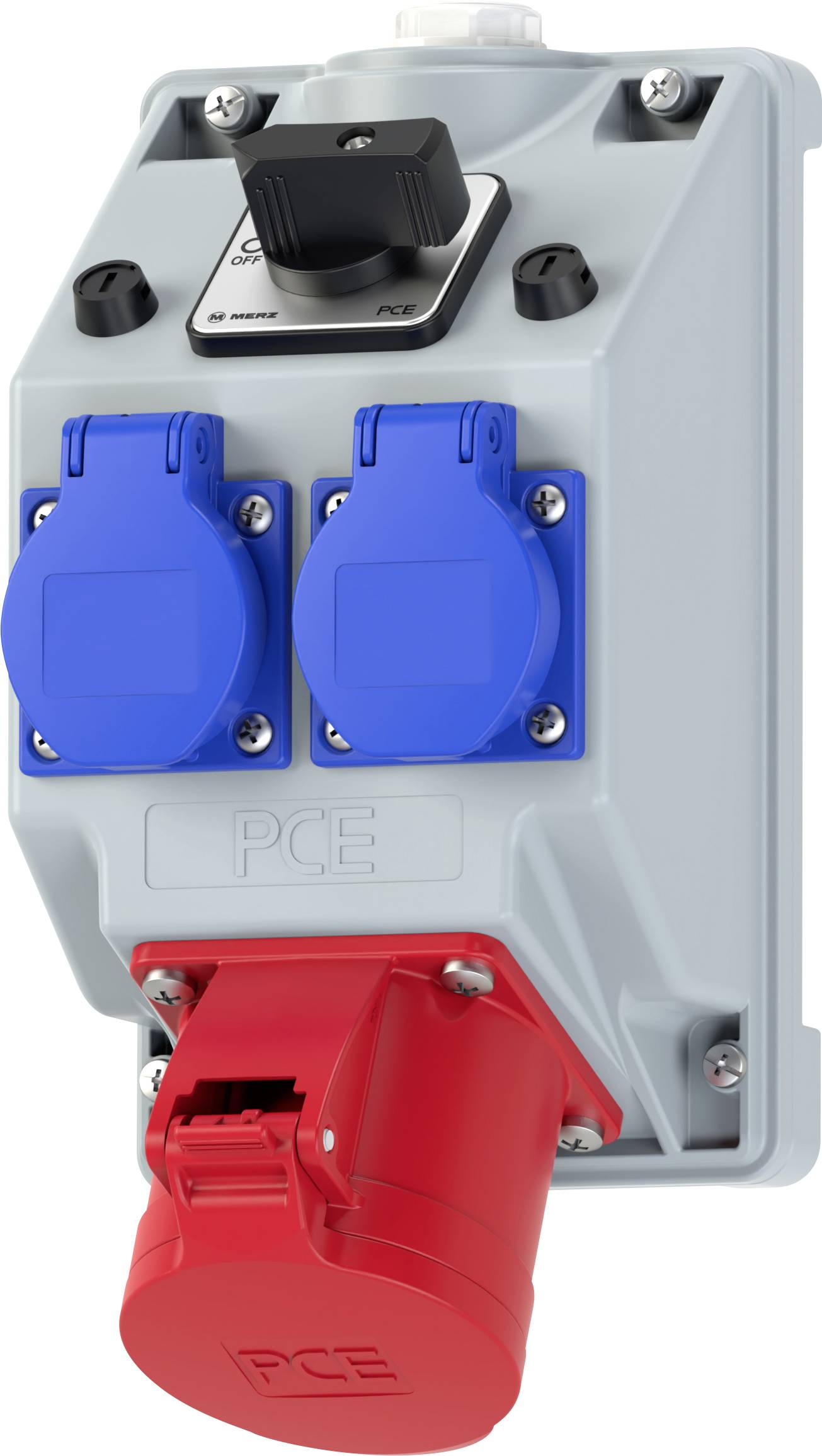 A wall-mounted electrical outlet with two blue sockets and one larger red socket, used for industrial power connections, labeled 'PCE'.