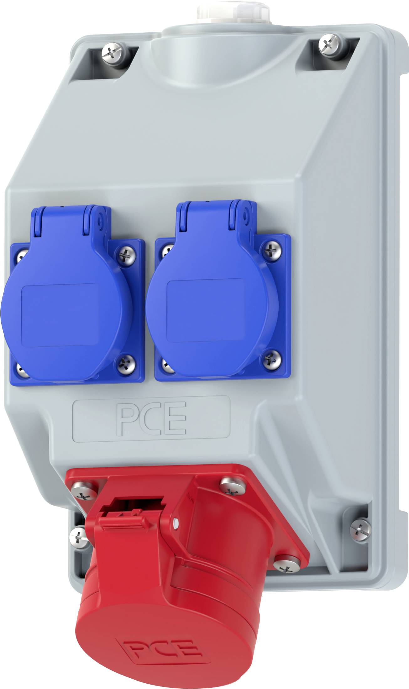 A grey electrical box with two blue and one red outlet socket, labeled 'PCE'. The box has mounting screws and is designed for industrial use.