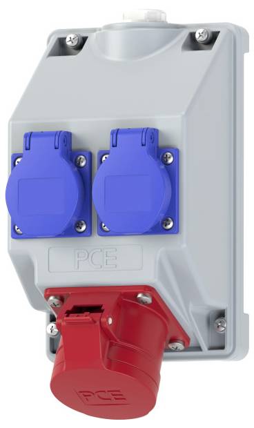 'PCE' industrial power outlet panel with two blue sockets and one red socket for electrical connections.