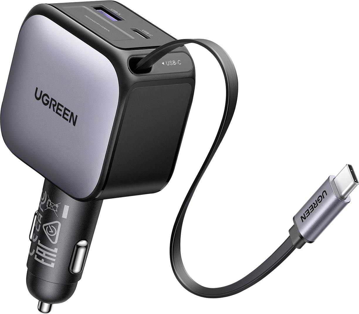 A black UGREEN car charger with a USB-C cable and two ports, designed for fast charging in a vehicle's power outlet.