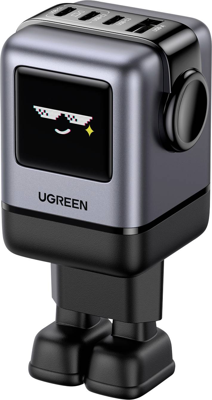 Compact UGREEN USB charger with a digital face display showing smiling sunglasses, featuring four ports for charging devices.