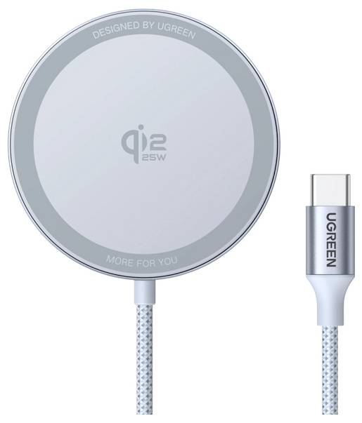 'A gray circular wireless charger with 'qi 25W' text, designed by UGREEN, connected to a USB-C cable.'