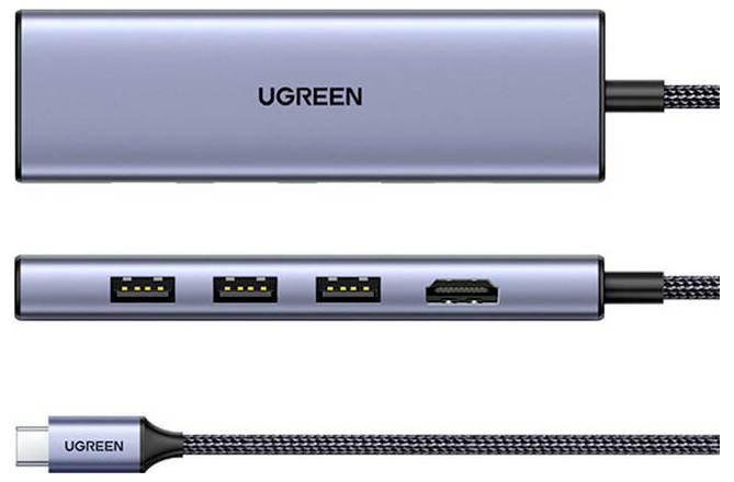 'UGREEN' branded USB-C hub with three USB-A ports and an HDMI port, shown in top and side views.