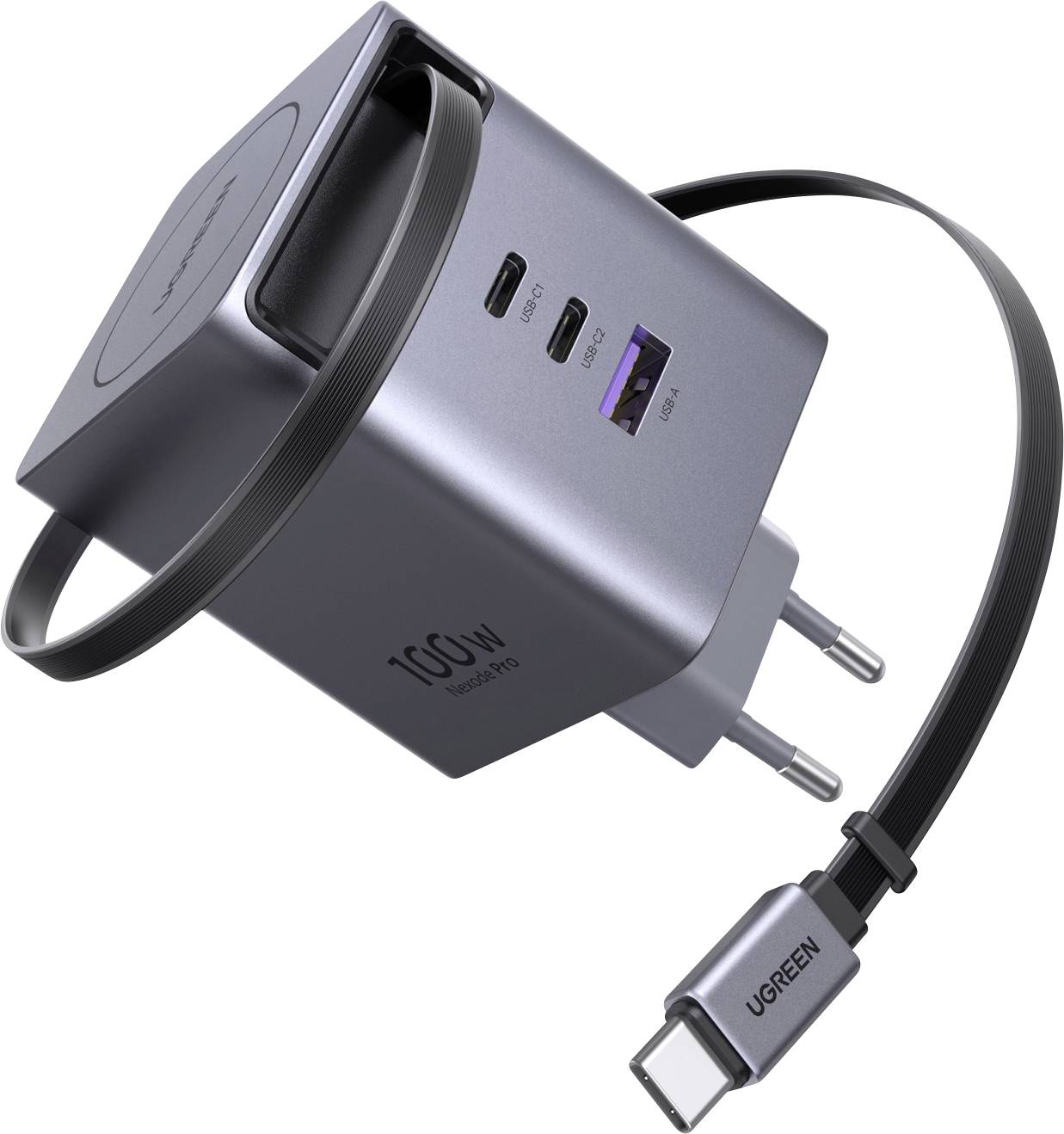 A silver Ugreen 100W charger with European plug, featuring multiple USB ports and shown with a detachable USB-C charging cable.