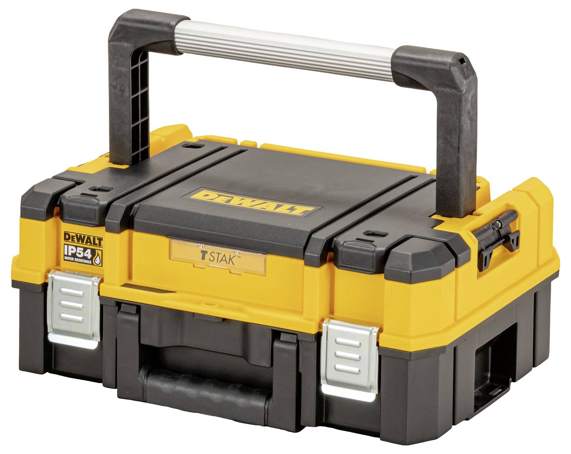 A yellow and black toolbox with a sturdy handle, labeled 'DeWALT' and 'IP54', designed for robust storage and portability.
