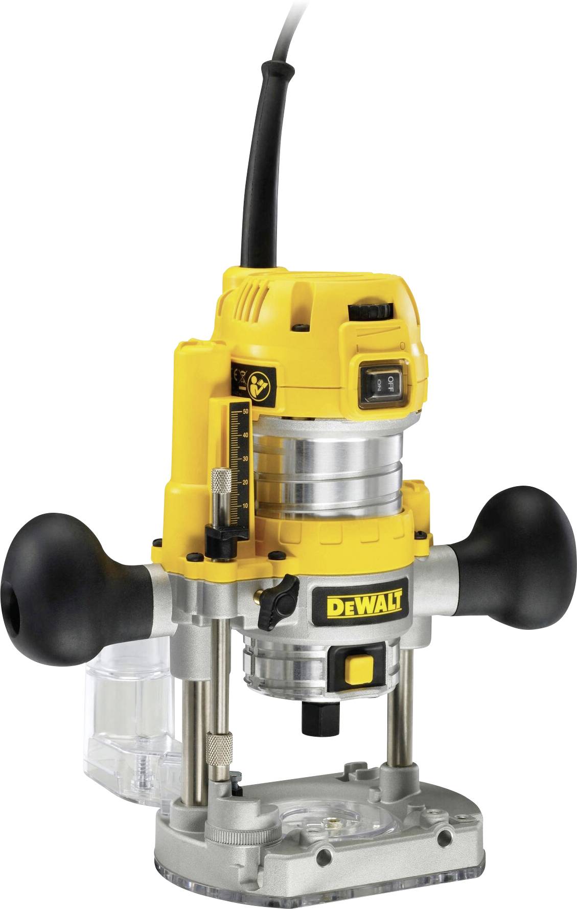 Yellow and black DeWalt router tool with dual handles and power cord, designed for woodworking tasks and precise edge shaping.