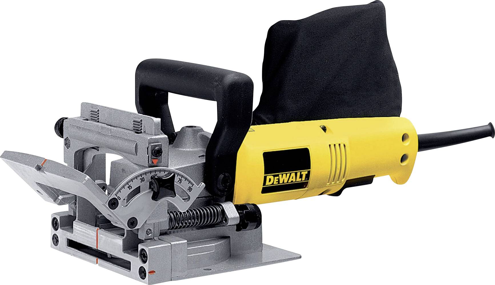 A yellow and black DeWalt plate joiner with a dust bag, used for cutting slots in wood for biscuit joinery.