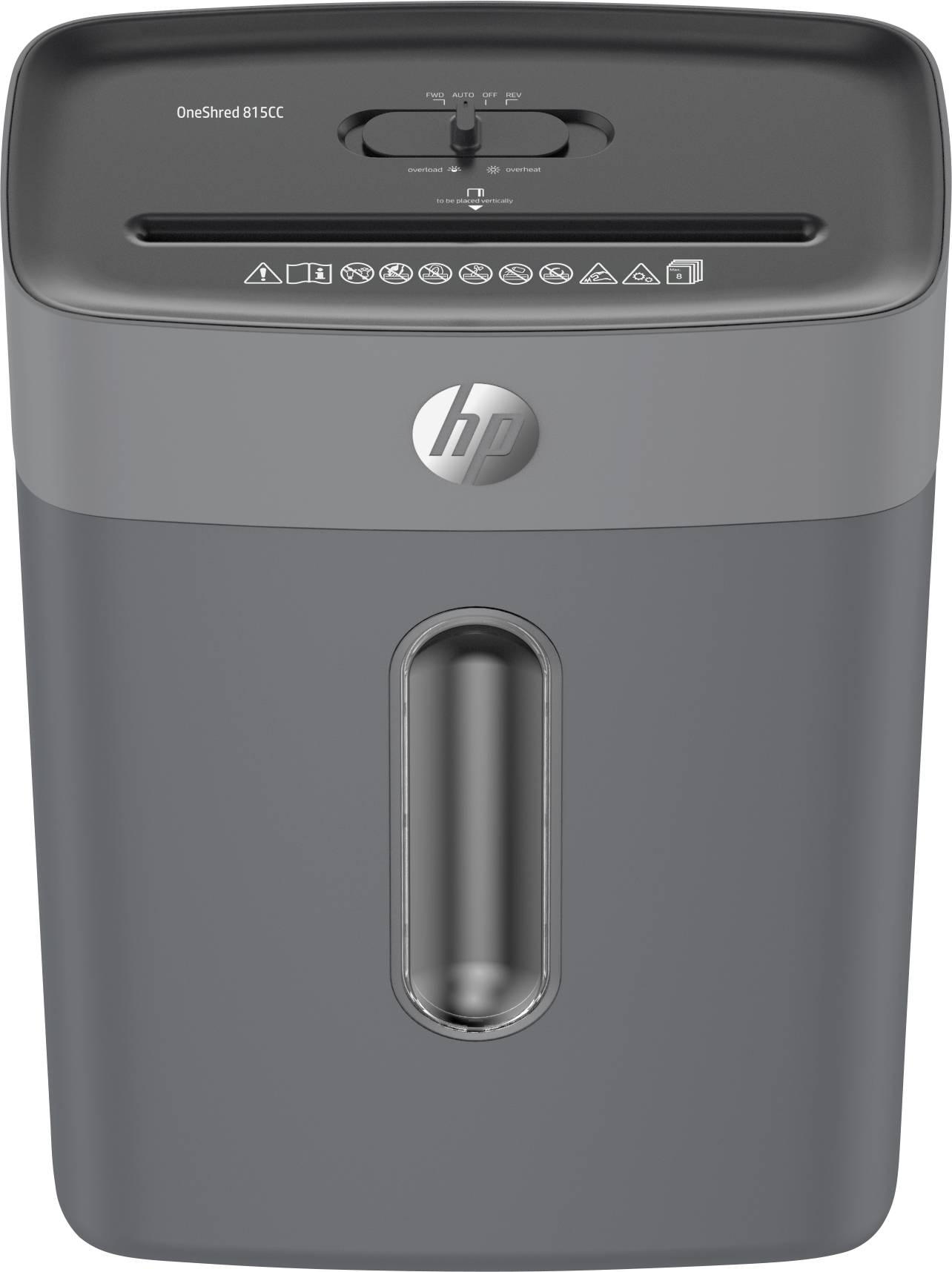 A gray paper shredder with a central transparent window, showing shredded paper inside. The top displays a brand logo and function symbols.