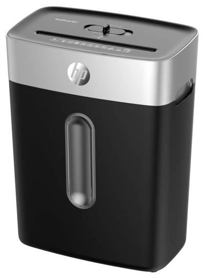 A black and silver paper shredder with a viewing window and control buttons on top. It has an HP logo on the front.
